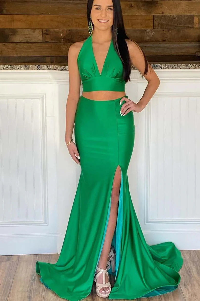 Vestido de fiesta largo de dos piezas con cuello halter y corte sirena
